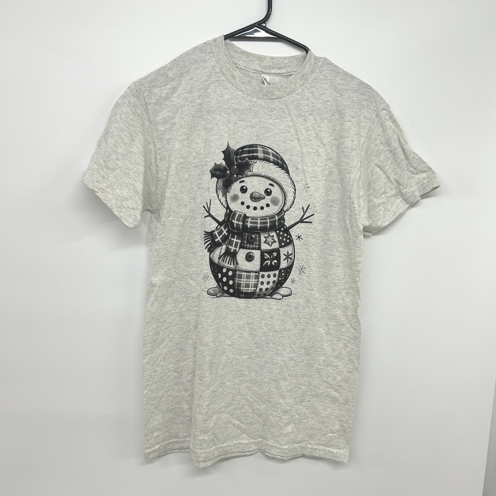 Patchwork Snowman Christmas Tee Small Cozy Winter Holiday Graphic Shirt